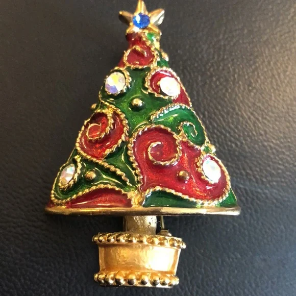 Holiday Jewelry lot of 3 pcs. Gold Toned. Enamel Rhinestones Rose Tree Earrings - Picture 5 of 6